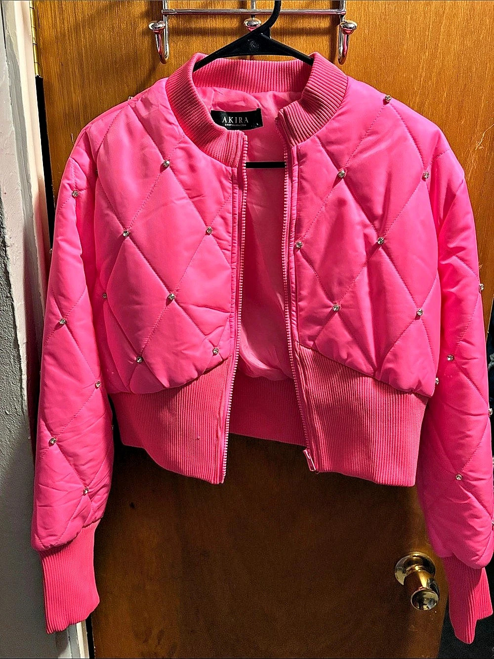 AKIRA Quilted Studded Bomber Jacket in Pink